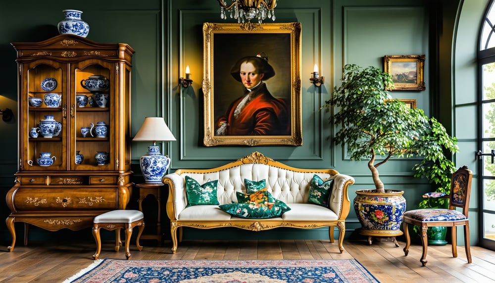 Antique furniture and decorative items showcased in a stylish setting Antique furniture and decorative items showcased in a stylish setting
